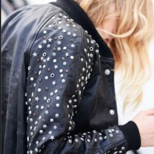 Nasty Gal Black Studded Genuine Leather Jacket with Star Accents